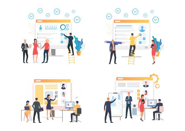 Recruitment agency illustration set. Agents analyzing, charts, graphs, CV, candidate profile. Analysis concept. Vector illustration for landing pages, presentation slide templates